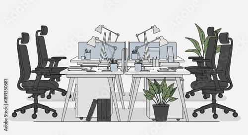 Illustration of a modern open-plan office space with desks, chairs, computers, and plants.