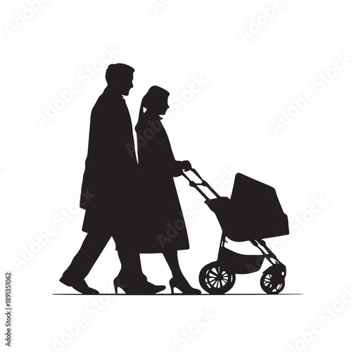 Young family silhouette on white background.Two parents pushing child on carriage.Mother and father walks with the kid and stroller.Mom, dad, daughter and pram.Couple with carriage.Vector illustration