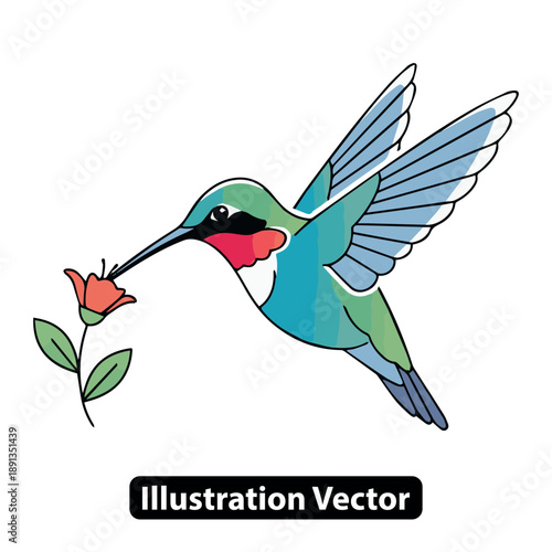 Hummingbird in flight sipping nectar from a flower in a vibrant garden scene illustration