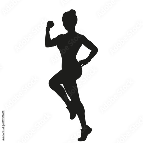 Black silhouette illustration of a strong athletic woman flexing her arm. Minimal monochrome female figure symbolizing fitness, strength, empowerment, confidence, sport, and healthy lifestyle.
