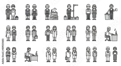Grayscale pixel art illustrations depicting various professional workers and people in different settings.
