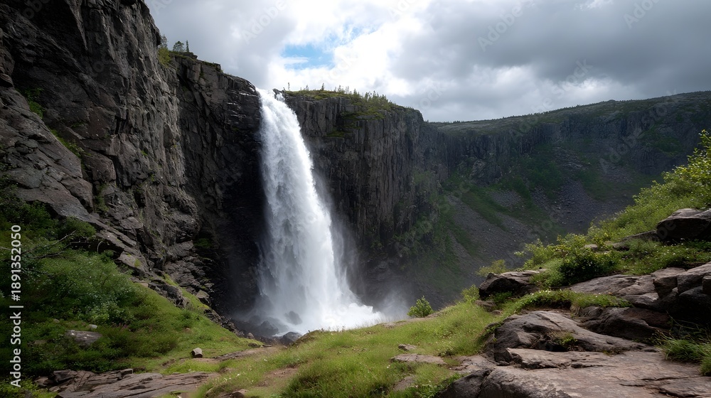 Fototapeta premium Majestic waterfall cascades powerfully down a rugged cliff face surrounded by green natural wilderness