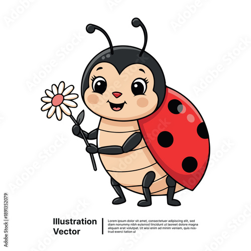 A cartoon ladybug holds a smiling flower in a friendly pose with happiness