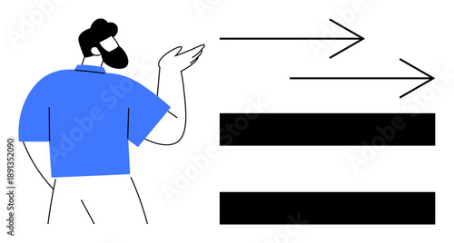 Man in blue shirt gesturing alongside rightward arrows and two horizontal bars. Ideal for leadership, teamwork, equality, progress, direction, communication, and motivation concepts. Simple flat