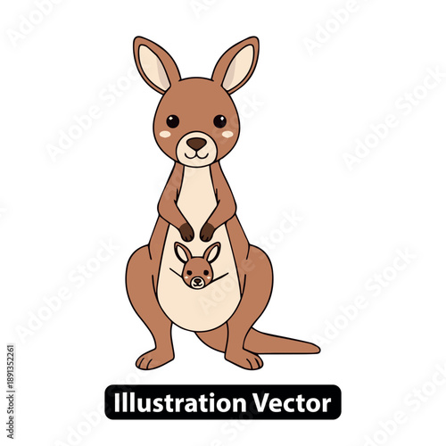 A cartoon kangaroo with joey in pouch standing on grassy field vector illustration