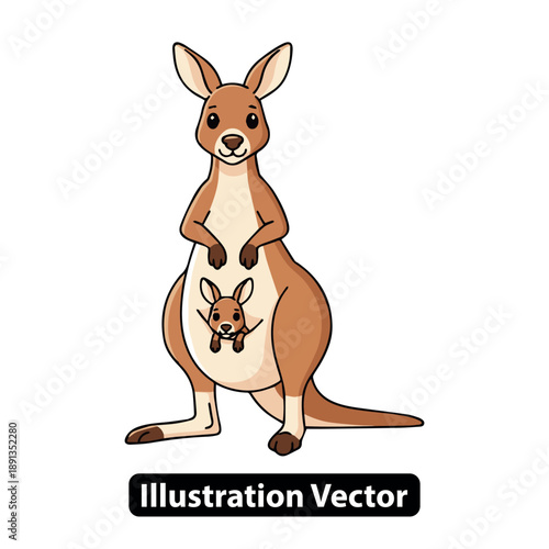 A cartoon kangaroo with a joey in her pouch standing upright on a white background from a front viewpoint