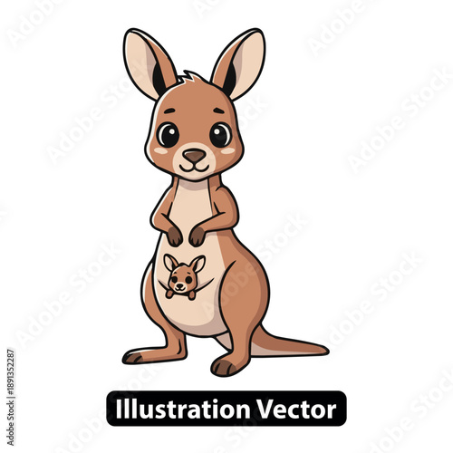 A cartoon kangaroo with joey in pouch standing upright on white background illustration