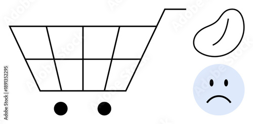 Shopping cart concept. A minimal design involving a shopping cart, a bean, and a sad face symbol. Shopping cart related to retail, consumer behavior, decision-making, and food supply. Great