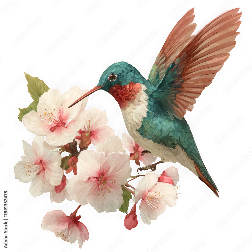 Fototapeta premium Hummingbird feeding on delicate pink blossoms against a dark background