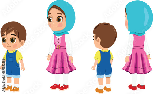 Cute cartoon boy and Muslim girl in pink dress blue hijab standing together, girl taller holding balloon, boy looking up smiling, side view isolated vector art for friendship equality kids diversity