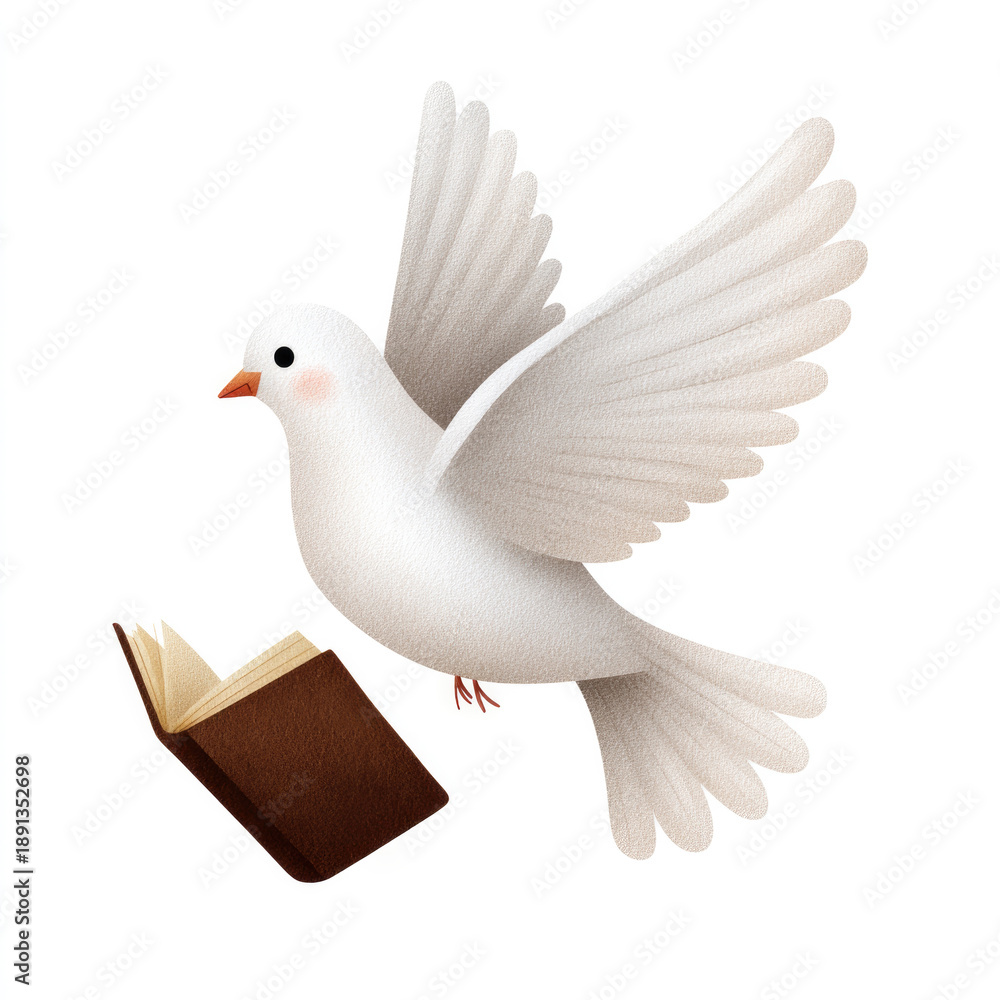 Fototapeta premium Peaceful dove hovering over bible watercolor concept for inspirational religious design on white background