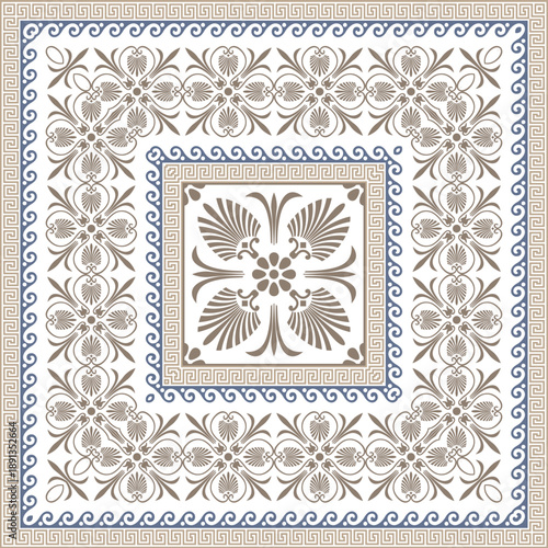 Seamless pattern with decorative ornament. Traditional greek style. Template for tile, porcelain, textiles, embroidery, carpet, shawl, pillow, cushion, Mediterranean ceramic. Vector illustration