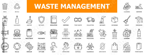 Detailed outline icon set illustrates essential waste management practices and environmental sustainability concepts, featuring symbols for recycling, toxic waste, hazardous disposal, and
