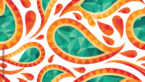 Vibrant paisley pattern with green and orange droplets on white background