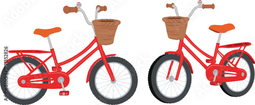 Pair of cute red bicycles with baskets one bigger one smaller, orange and red colors, isolated vector art for kids transportation cycling sibling brother sister theme children illustration book game