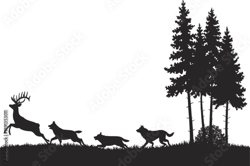 Black silhouette of deer running from wolves in forest landscape with pine trees and grass