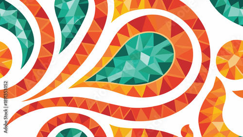 Vibrant paisley motifs illustration with teal and orange geometric patterns