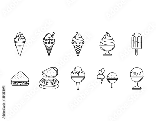 Ice Cream Icon Set of 10 Pieces Black and White Vector Illustration Isolated