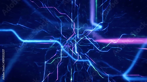 Abstract Digital Network Background with Glowing Neon Lines Representing Data Flow and Connection