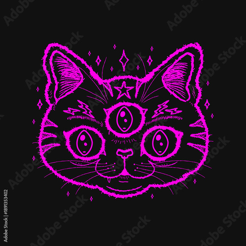 Neon Occult Cat With Third Eye