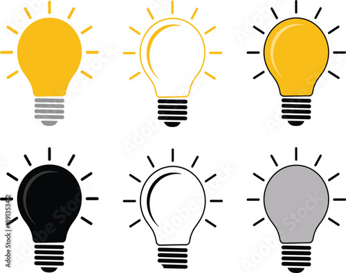 Set of light bulb vector icons with yellow glow and black silhouette for creative idea concepts