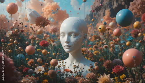 Serene white bust sculpture surrounded by vibrant flowers and floating spheres
