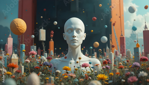Surreal white mannequin head in vibrant flower field with colorful cityscape