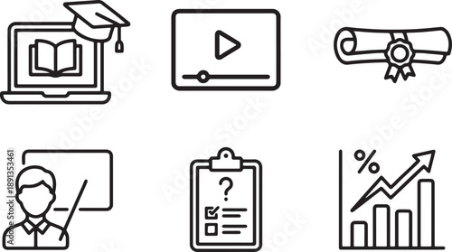 Essential outline icons for online education, video learning, teaching, assessment, and progress Vector