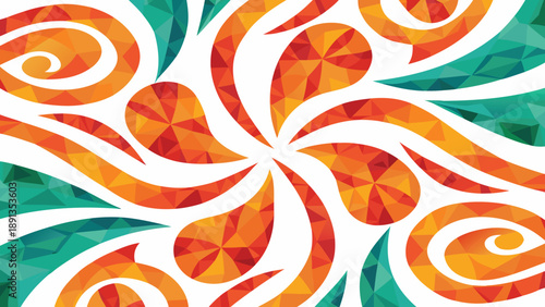 Vibrant swirling paisley shapes in orange red and green on white background