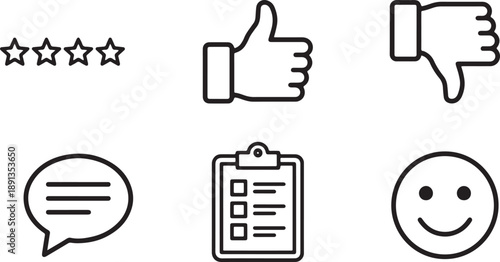 Customer feedback and satisfaction icons: rating, like, dislike, comment, survey, and happy face Vector