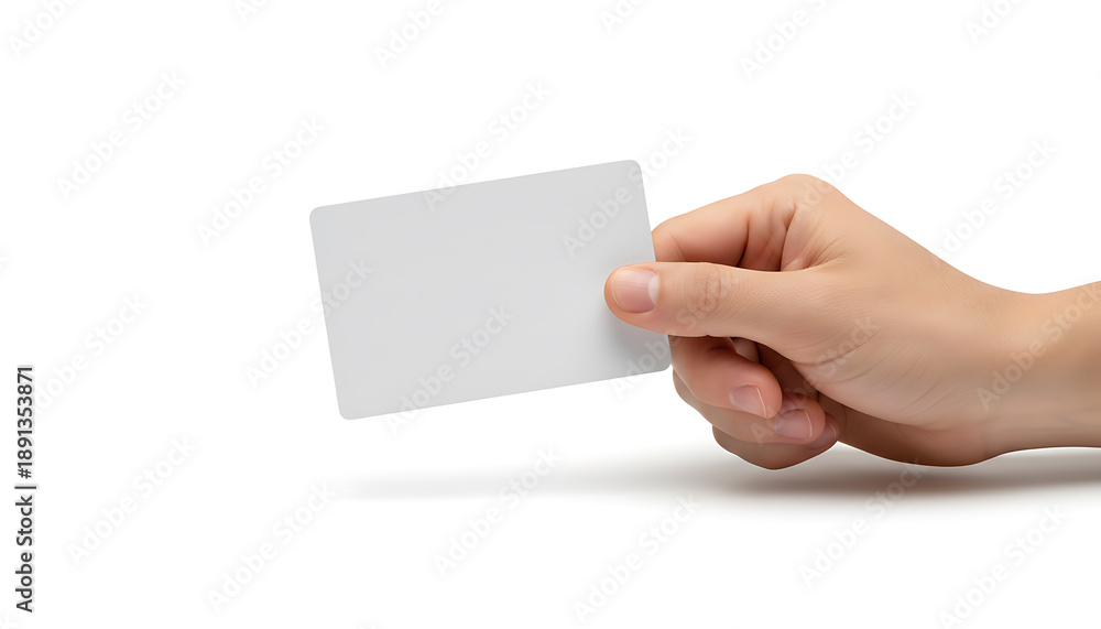 Fototapeta premium Hand holding blank white card, isolated. Customizable template for business, credit, ID, or gift card designs.