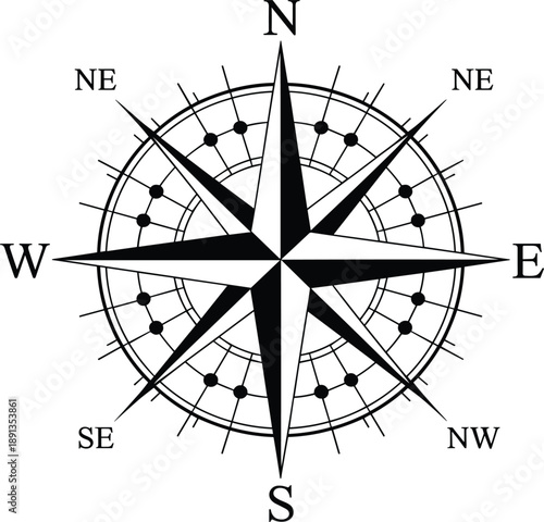 Vintage compass rose nautical navigation vector icon with cardinal directions north south east and west