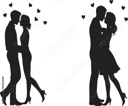 Romantic young couple silhouette standing together with heart symbols representing love and happy valentine day
