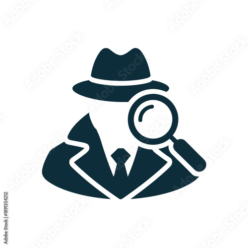 A minimalist vector illustration of a detective wearing a suit and hat, holding a magnifying glass.