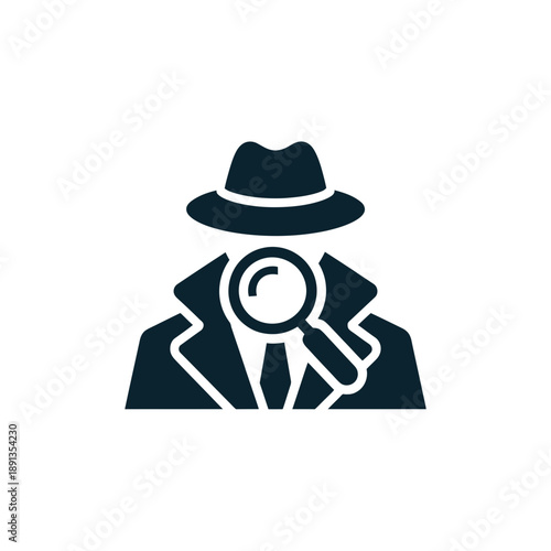 A minimalist vector graphic of a detective wearing a fedora and holding a magnifying glass