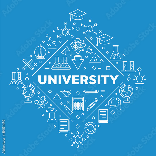 University education blue diamond concept with linear academic icons for science mathematics graduation research and global learning for students