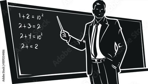 Business consultant solving complex equations on a blackboard with a thoughtful expression in a suit