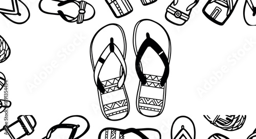 Black and white line art flat design pattern of various sandals and flip flops arranged randomly seamless vector background