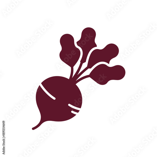 A minimalist vector graphic of a red beetroot with green leaves