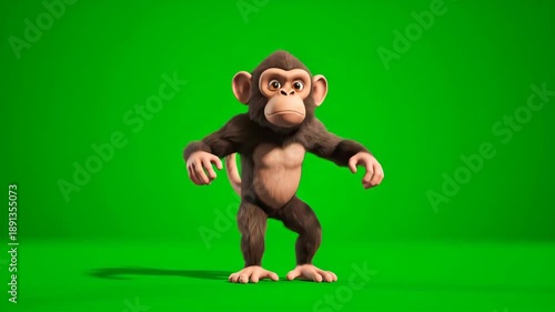 Adorable 3D cartoon howler monkey doing a gentle knee-bend bounce with arm swings on a green screen