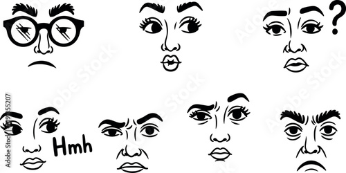 Black line art set of seven expressive faces showing curiosity confusion and skepticism minimalist style vector icons