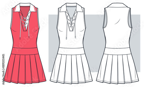 Women Sleeveless Pleated Dress with Technical Flat Sketch. Lace-Up Neckline Polo Dress fashion flat technical drawing template, front and back view, white, red, women CAD mockup.