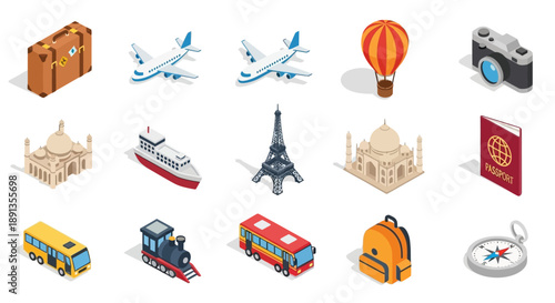 Isometric Collection of Global Travel and Tourism Icons with Airplane, Eiffel Tower, Taj Mahal, Suitcase on Isolated White Background