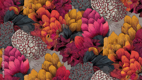 Vibrant flowers bloom in a lush garden filled with mushrooms and plants.