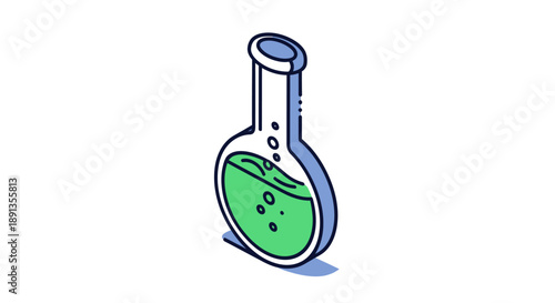 Chemical Flask with Green Liquid and Bubbles for Scientific Experiments on isolated white background