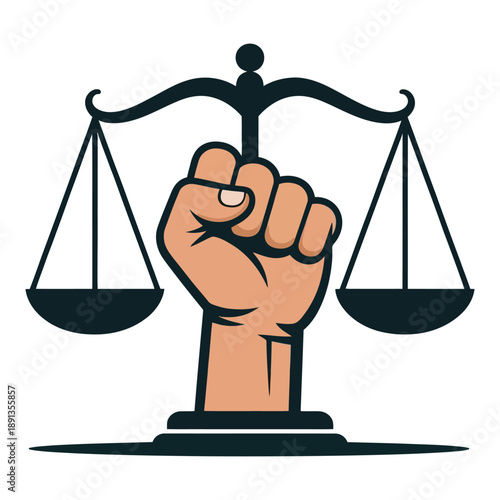 A fist holds up the scales of justice symbolizing the fight for fairness and equality.