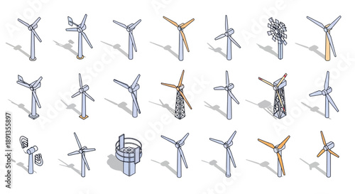 Isometric Wind Turbine Icon Set for Renewable Energy Generation on isolated white background