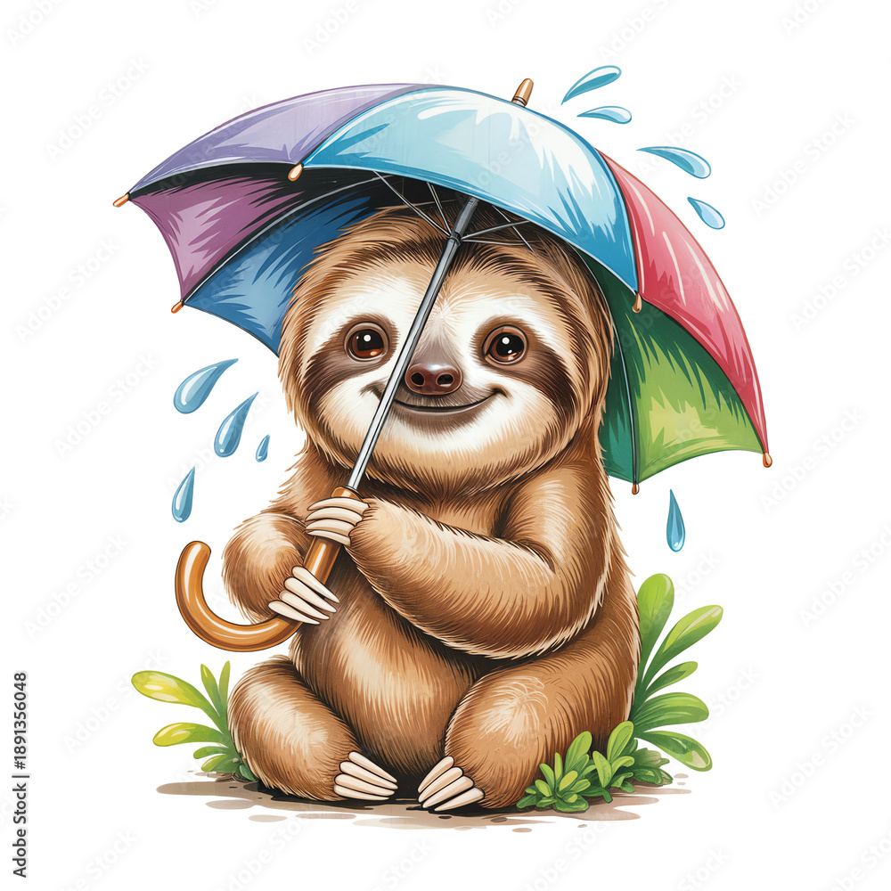 Obraz premium A charming sloth holds a colorful umbrella while sitting on a patch of grass.