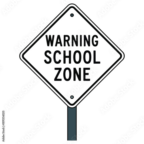 A diamond-shaped white warning sign indicates a school zone ahead.