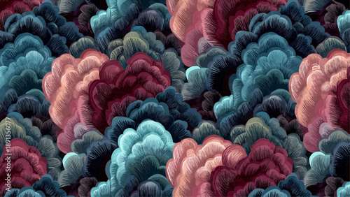 Vibrant colorful clouds float in the sky with various shapes and hues.